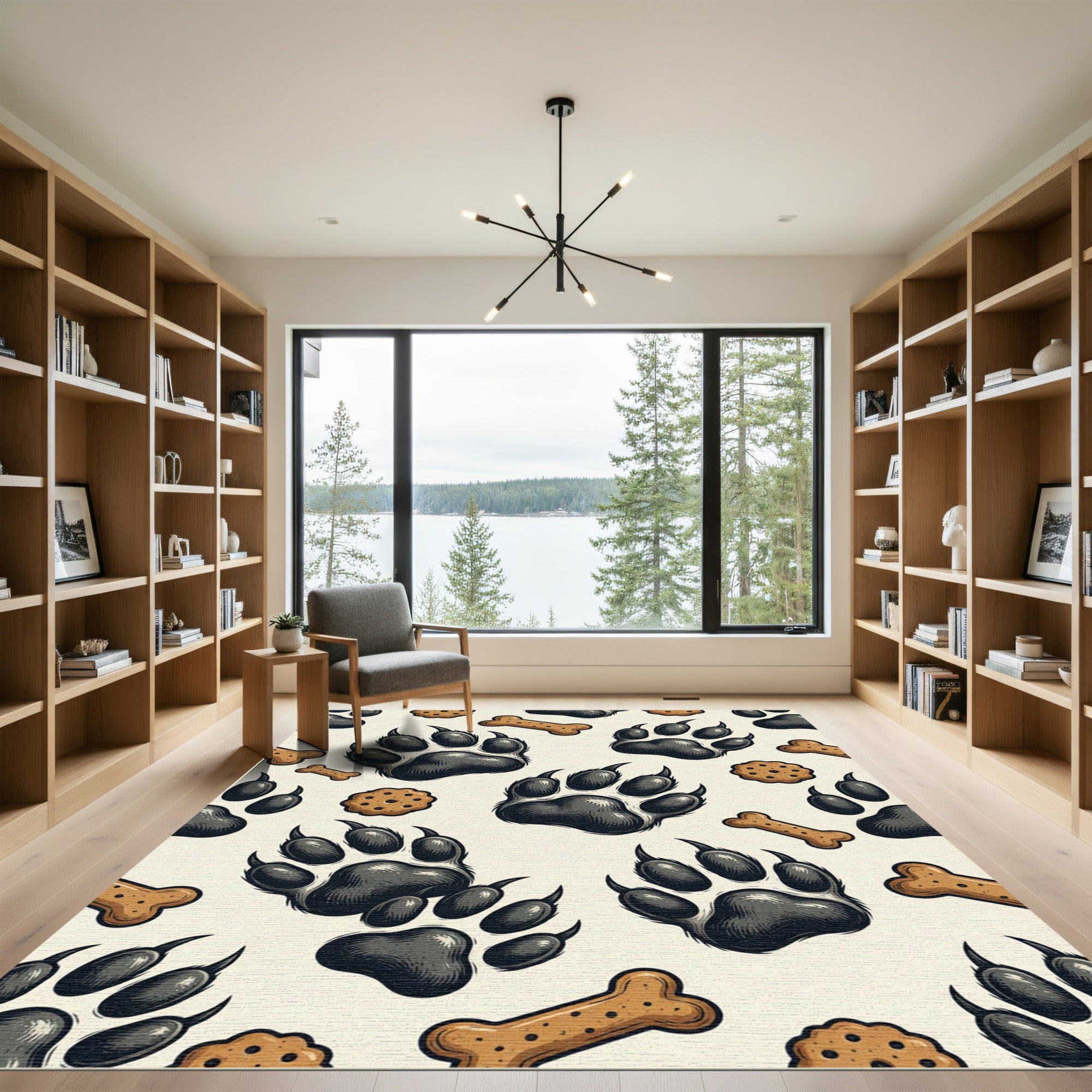 Black Paw Print Bone Biscuit Illustration Rug