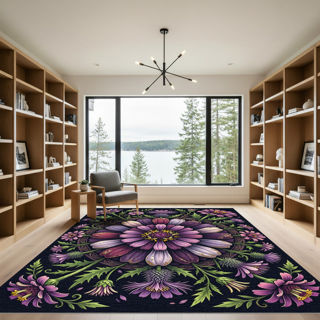 Elegant Purple Botanical Mandala Floral Rug