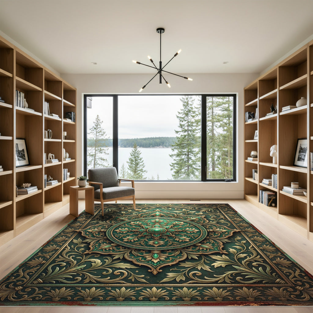 Emerald Green Ornate Medallion Rug