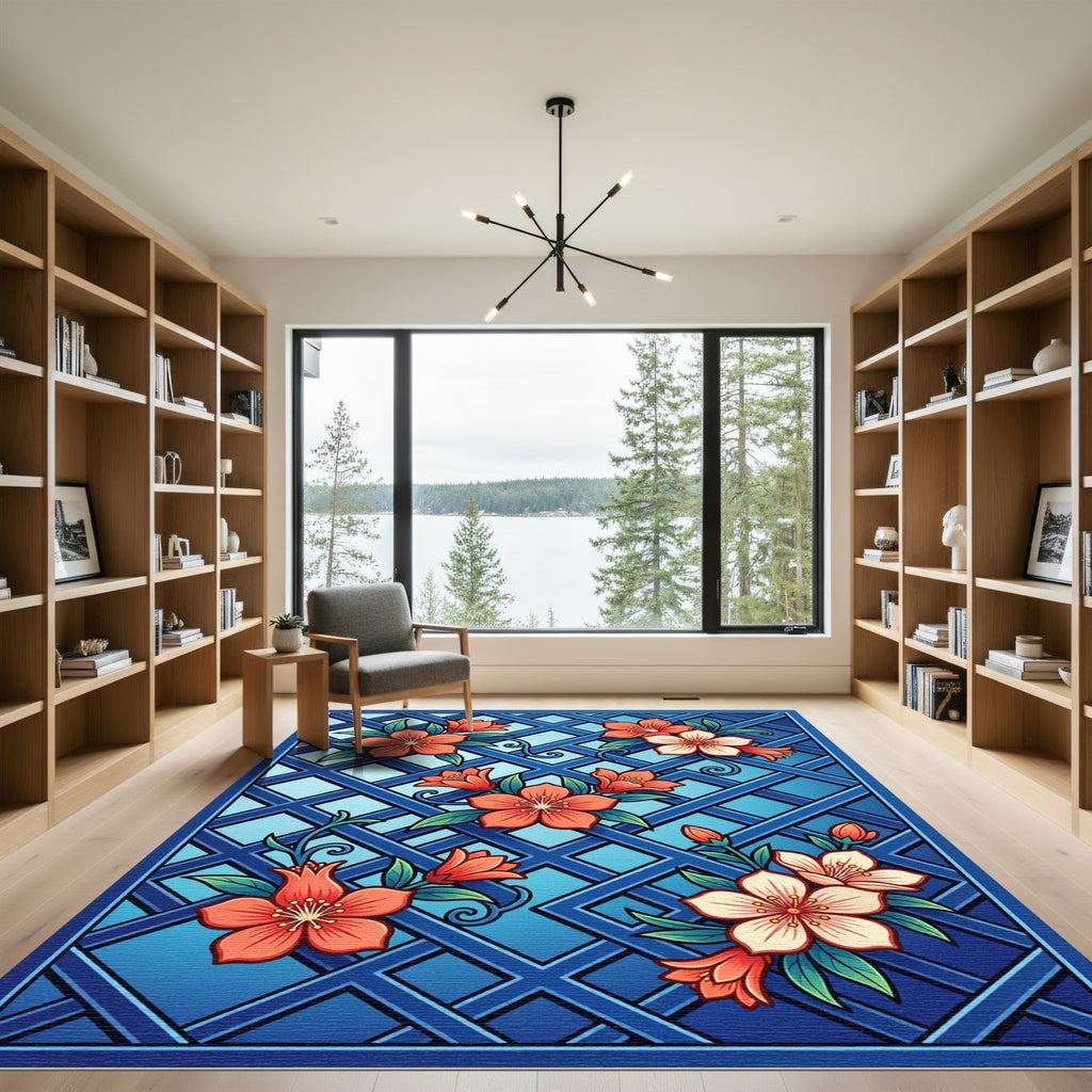 Coral Blossom Lattice Blue Rug