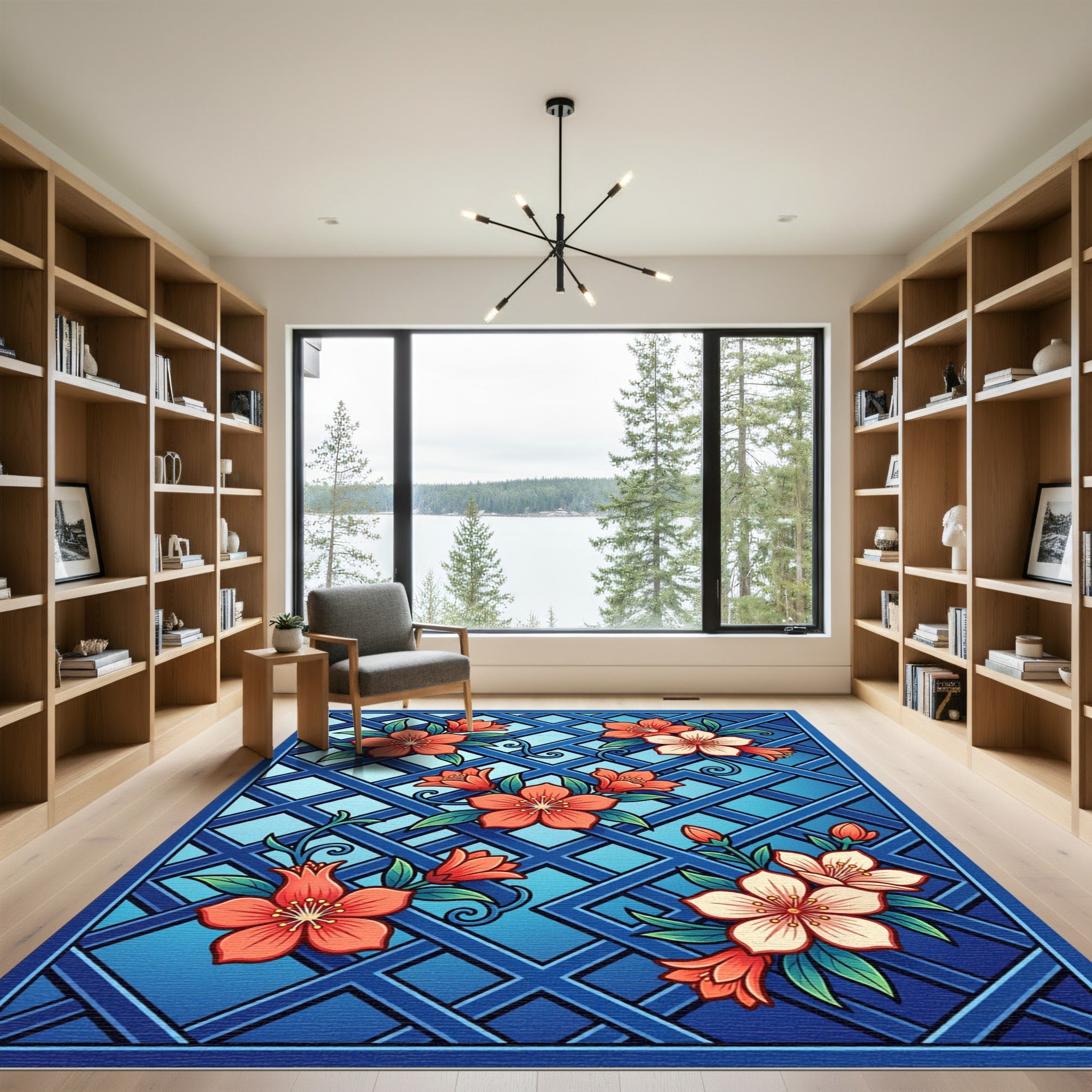 Coral Blossom Lattice Blue Rug