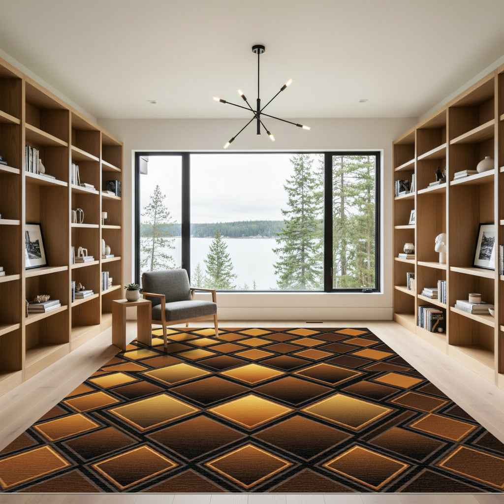 Luxe Golden Brown Geometric Diamond Grid Rug