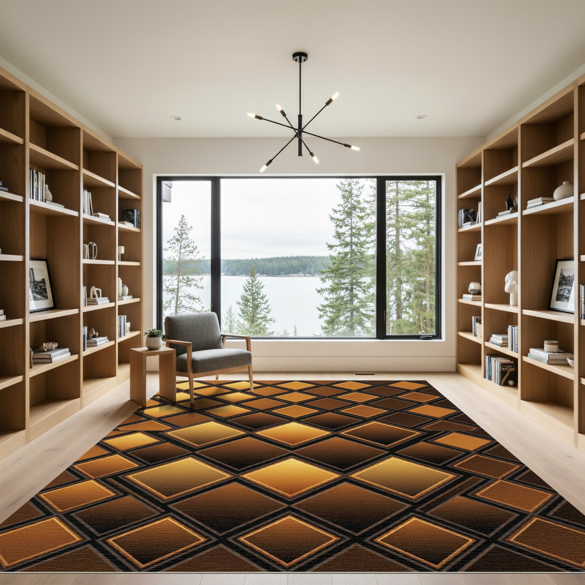 Luxe Golden Brown Geometric Diamond Grid Rug