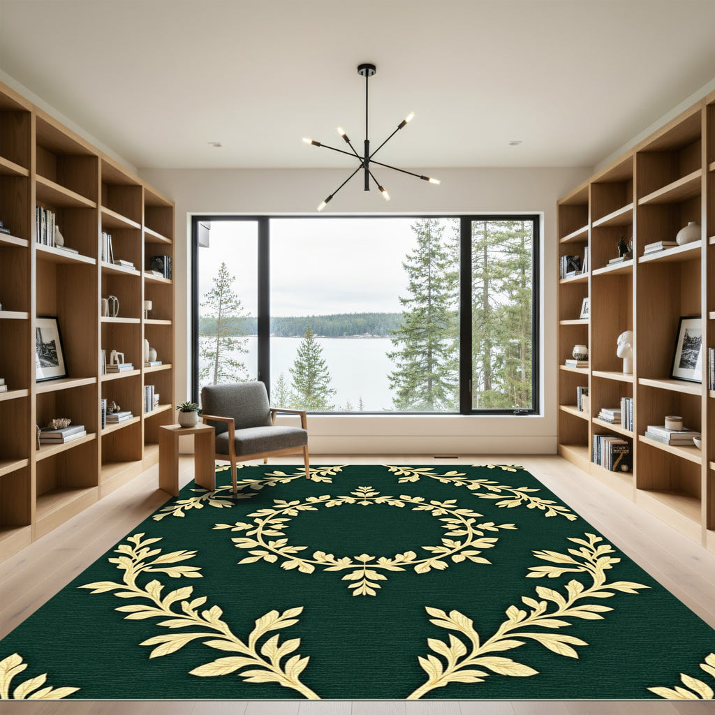 Golden Laurel Wreath Leafy Damask Rug