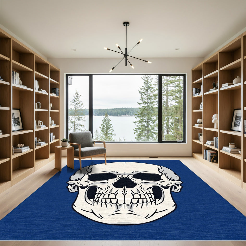 Bold White Skull Deep Blue Accent Rug