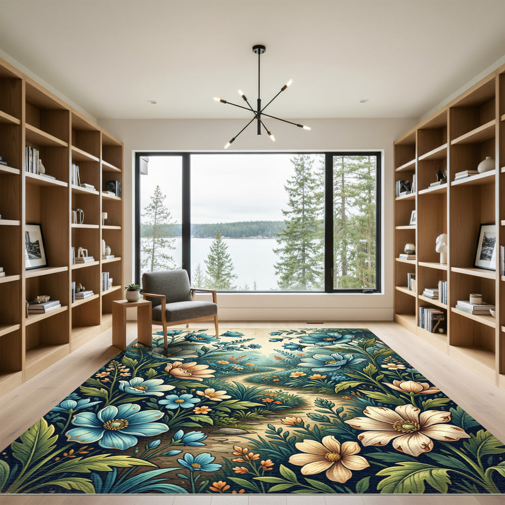 Vintage Blue Golden Floral Meadow Path Rug
