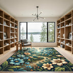 Vintage Blue Golden Floral Meadow Path Rug