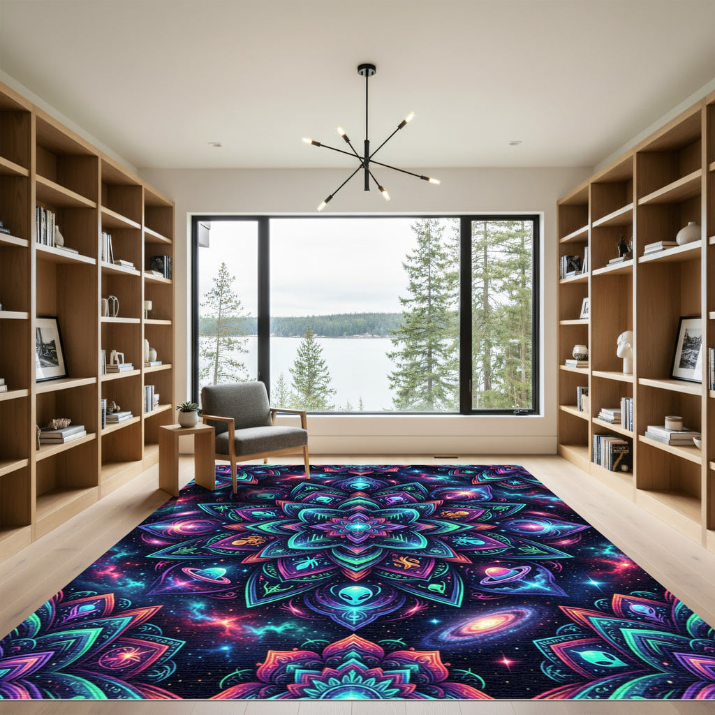 Cosmic Alien Mandala Neon Galaxy Rug