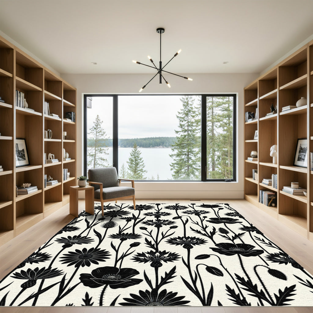 Monochrome Floral Meadow Silhouette Rug