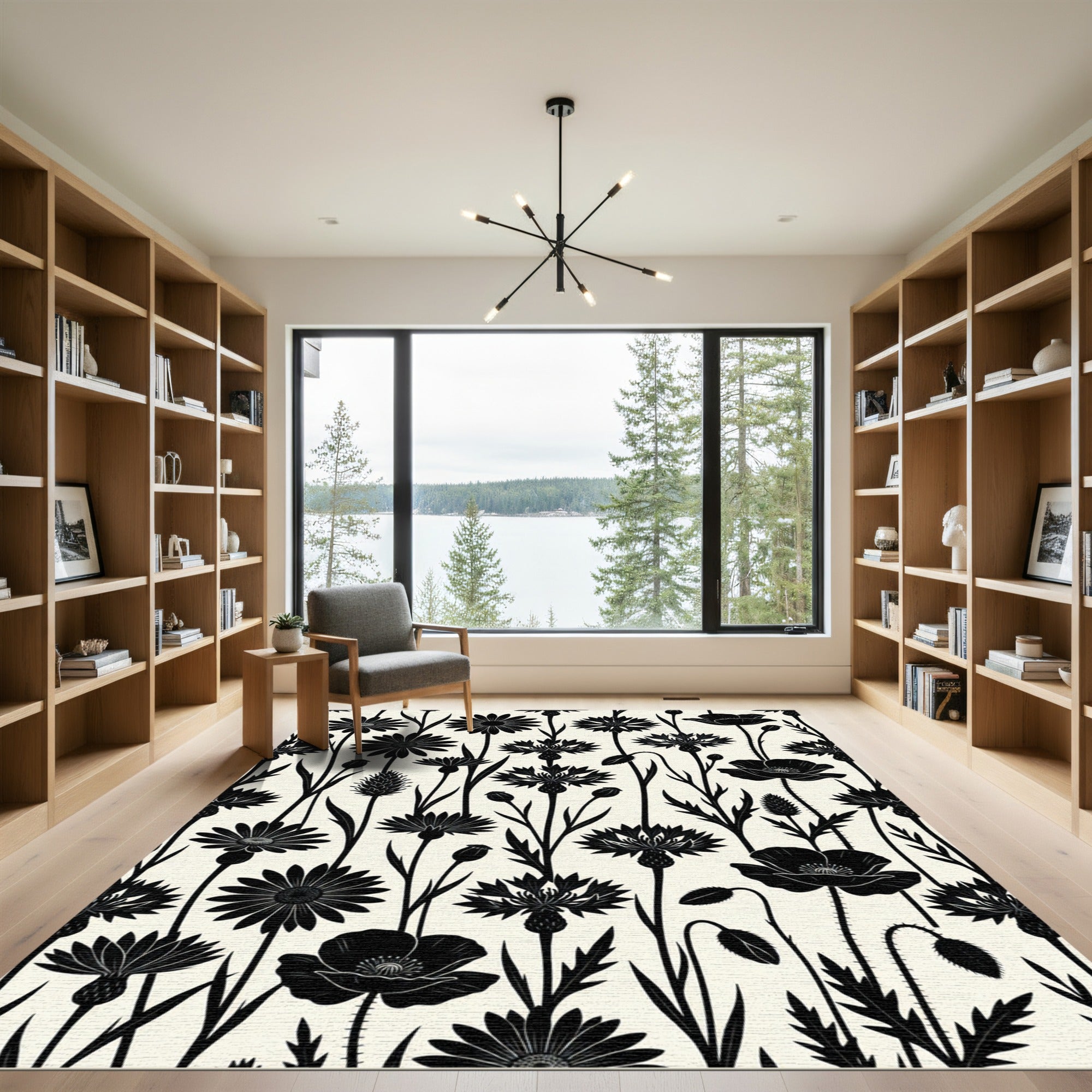 Monochrome Floral Meadow Silhouette Rug