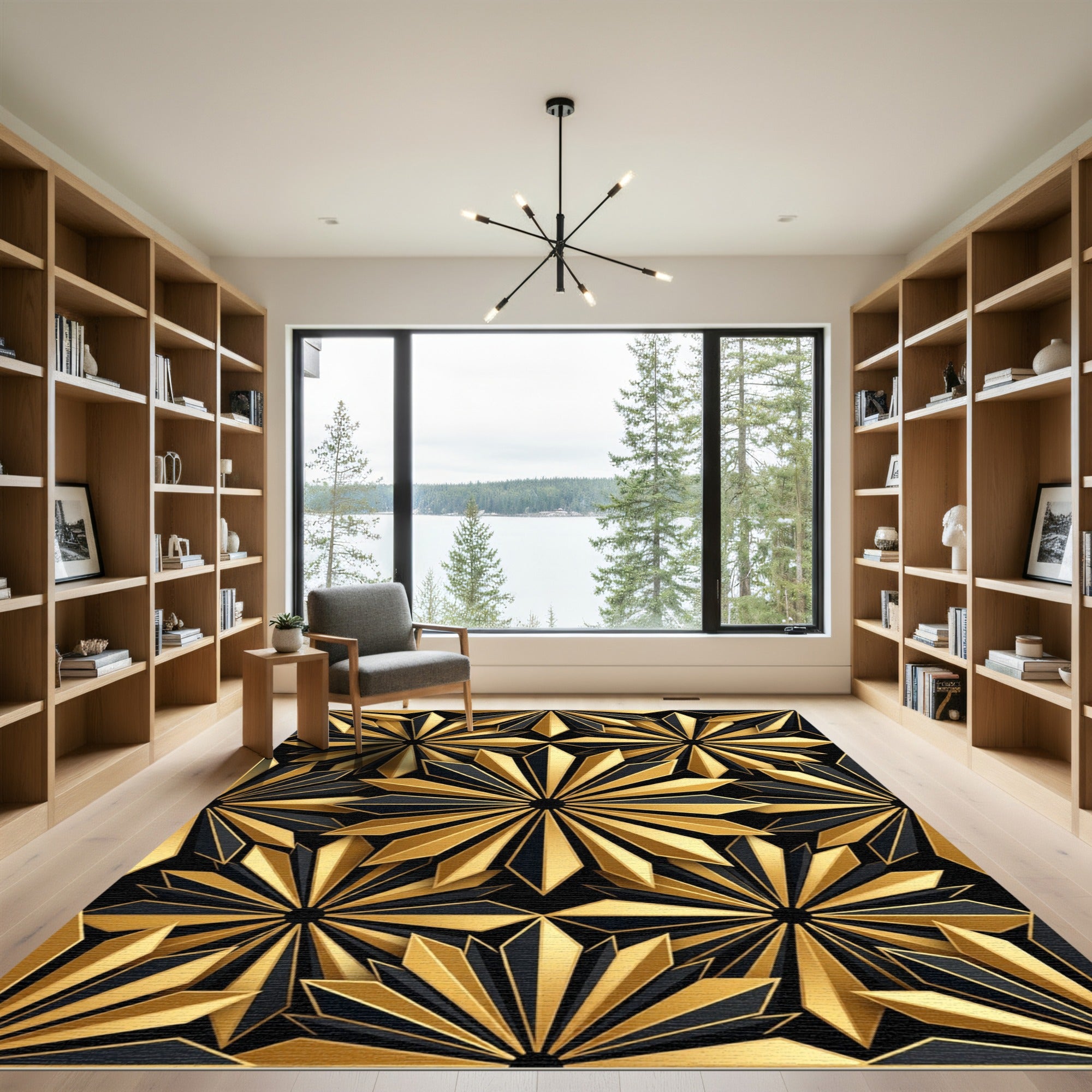 Modern Gold Black Geometric Sunburst Art Rug