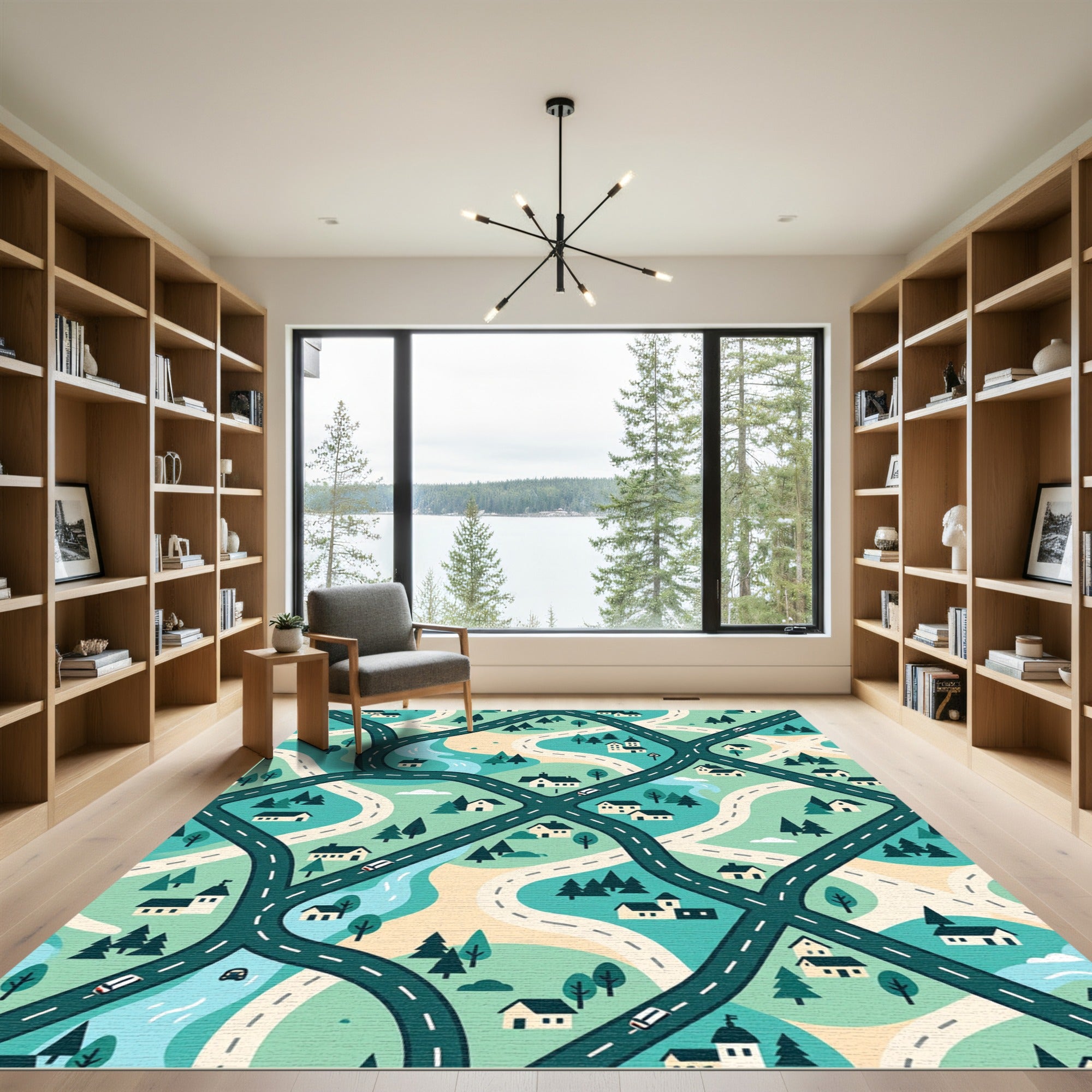 Whimsical Sage Green Neighborhood Road Map Rug
