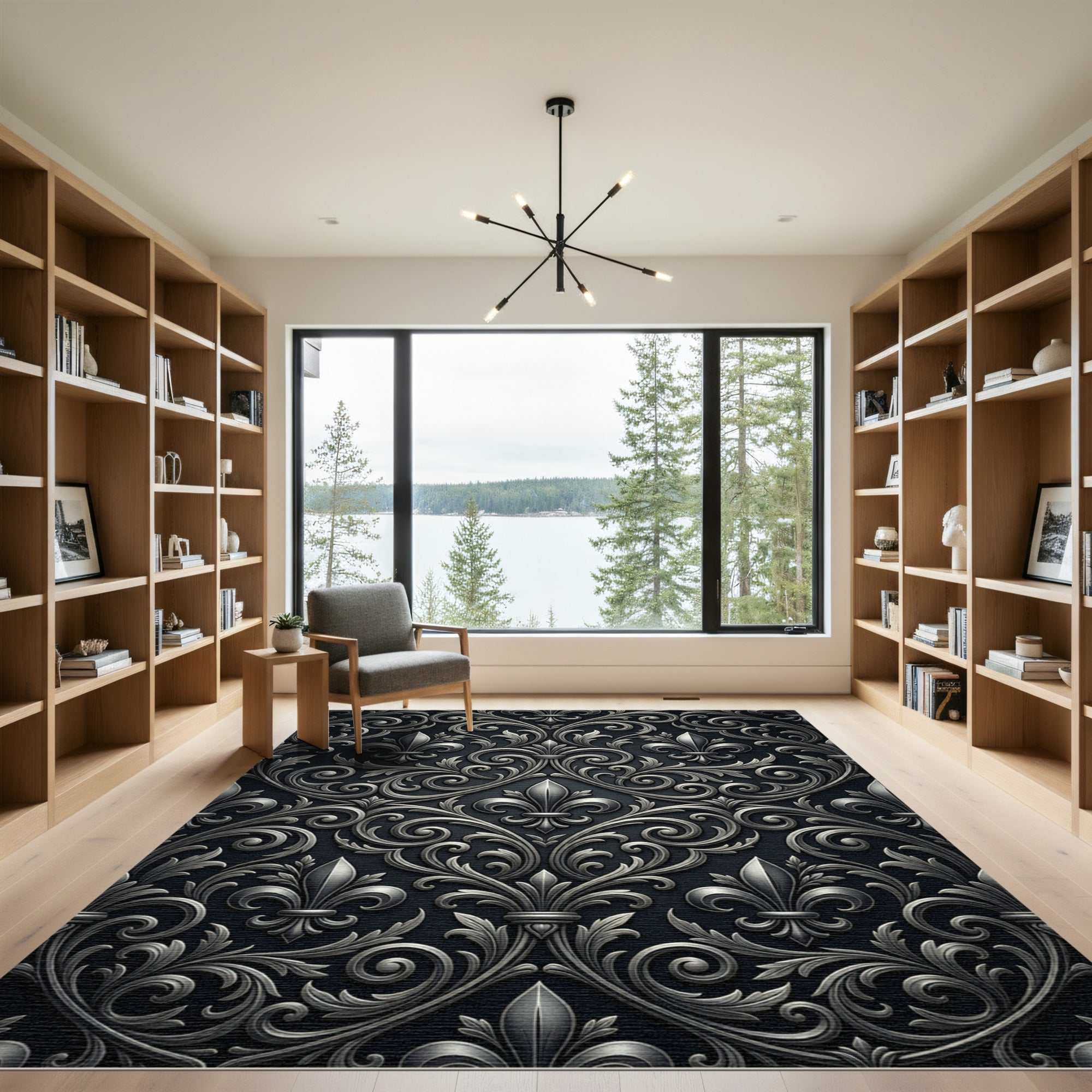 Ornate Silver Fleur-de-lis Scroll Rug
