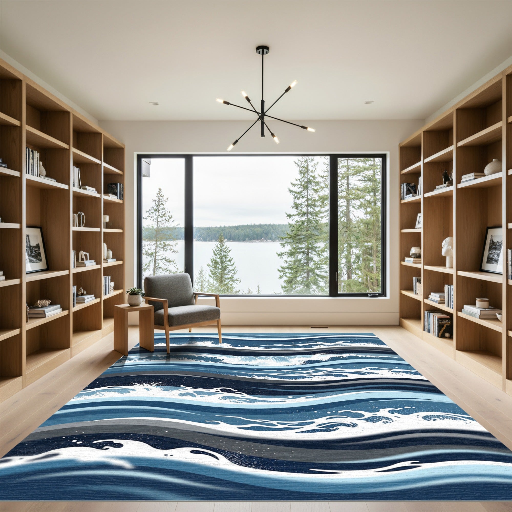 Modern Navy Abstract Oceanic Wave Rug