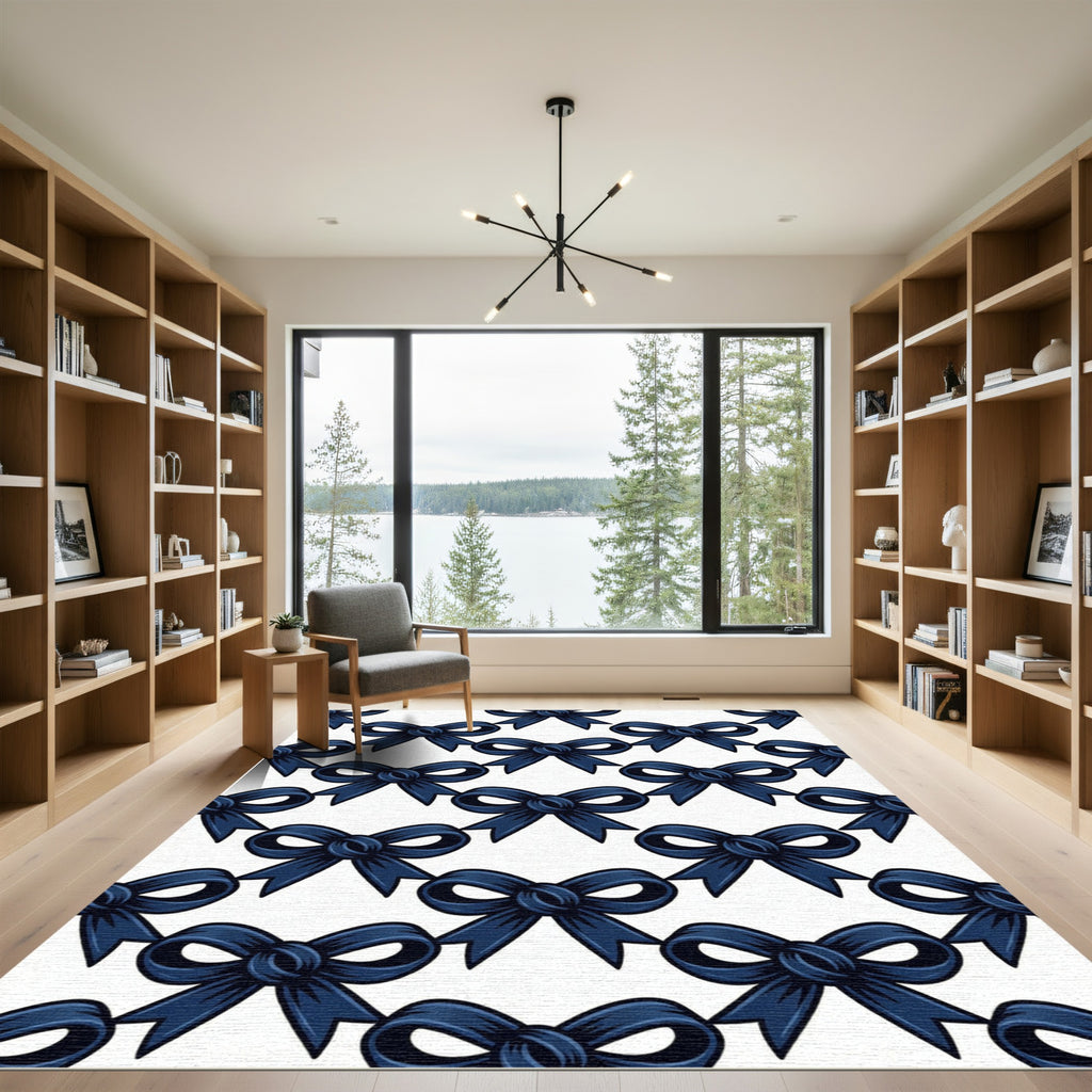 Elegant Navy Blue Bow Repeat Rug