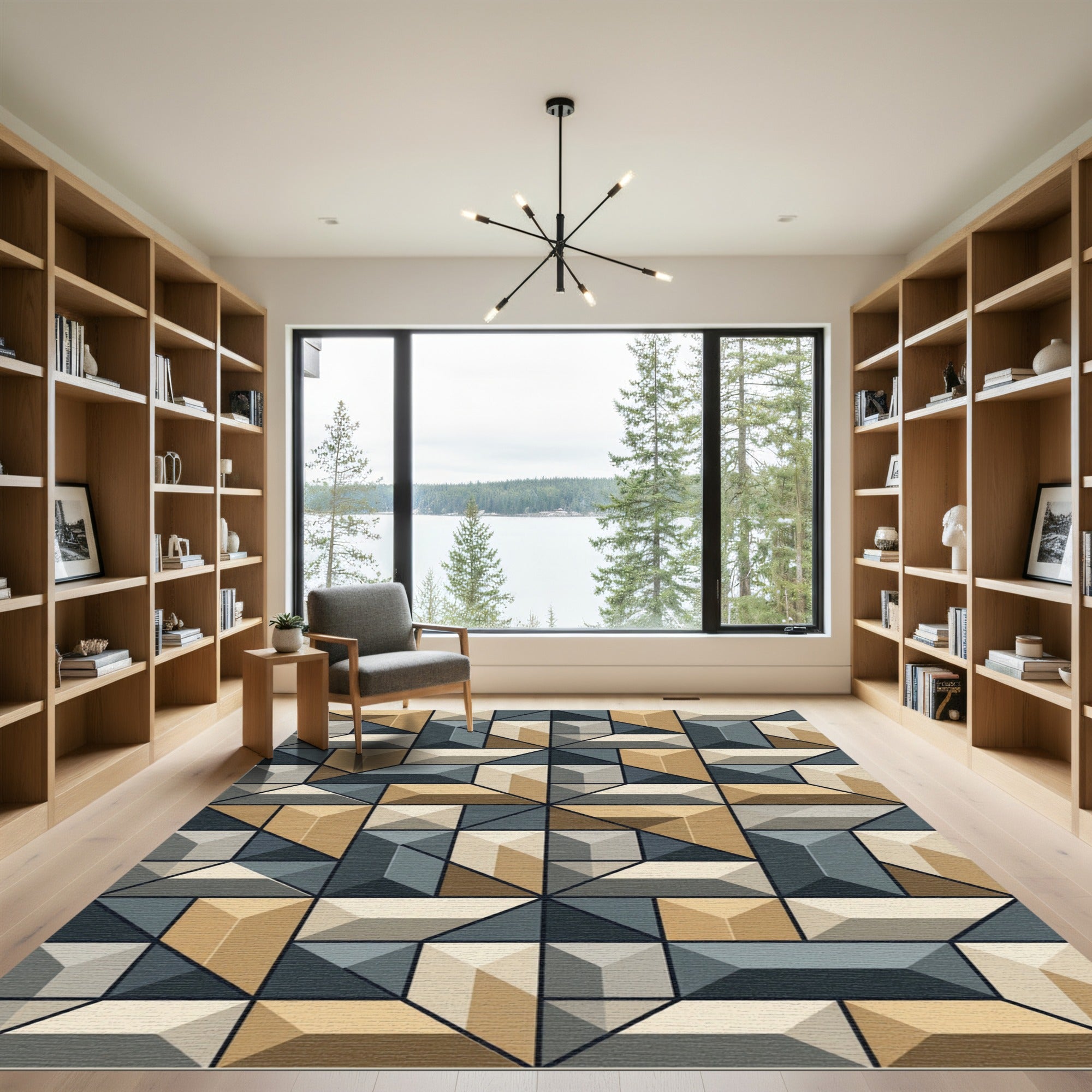 Geometric Gold Stone Gray Block Rug