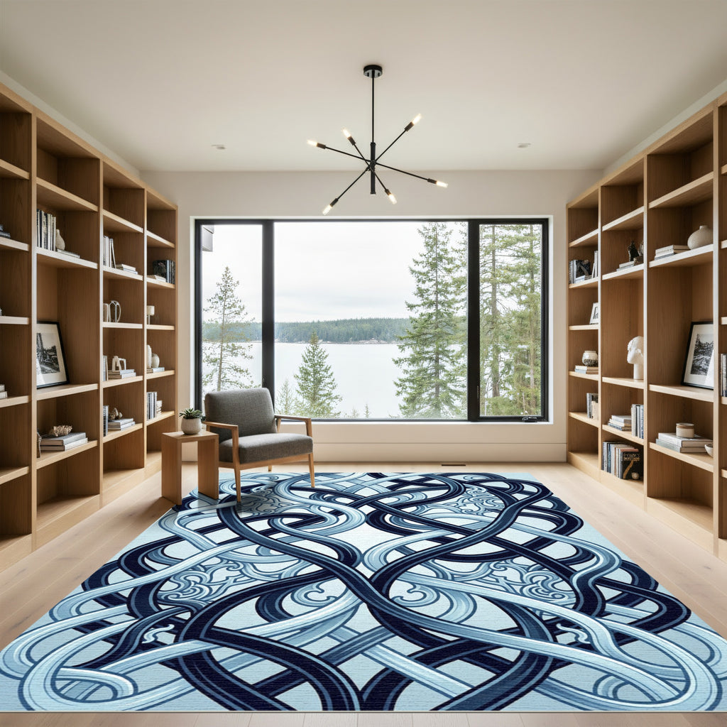Intertwined Midnight Blue Fluid Wave Art Rug