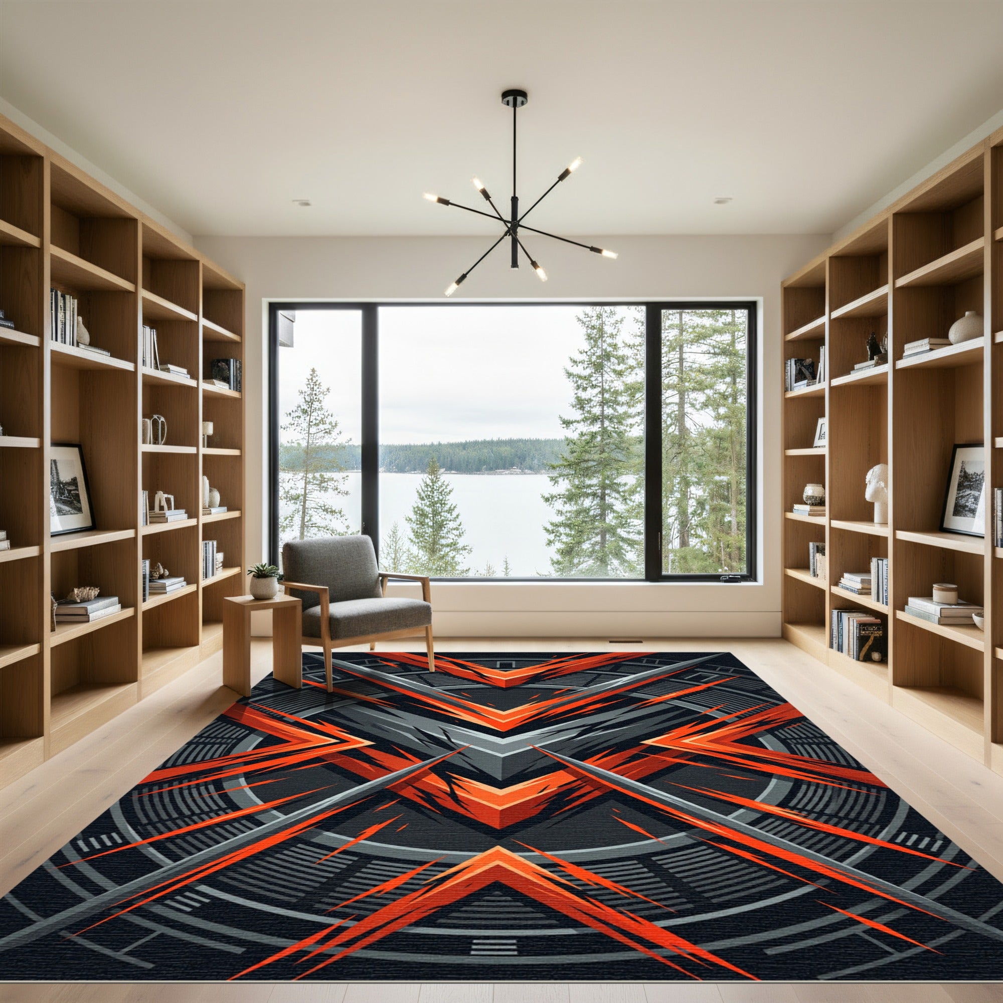 Dynamic Red Gray Abstract Angular Chevron Rug