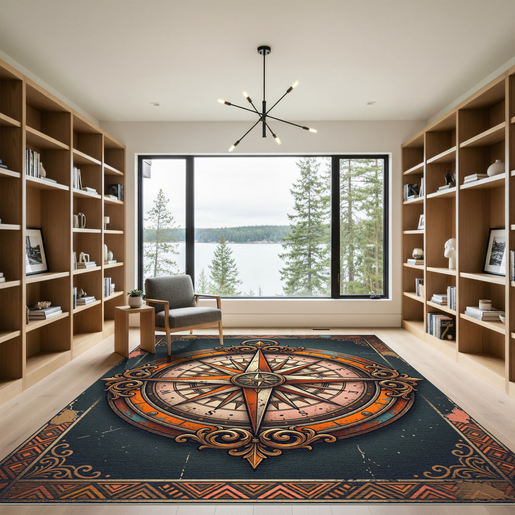 Vintage Compass Rose Ornate Border Rug