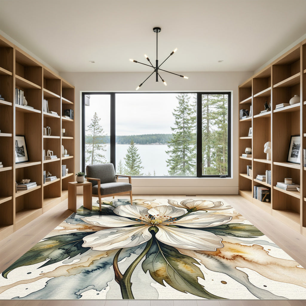 Watercolor White Blossom Floral Botanical Rug