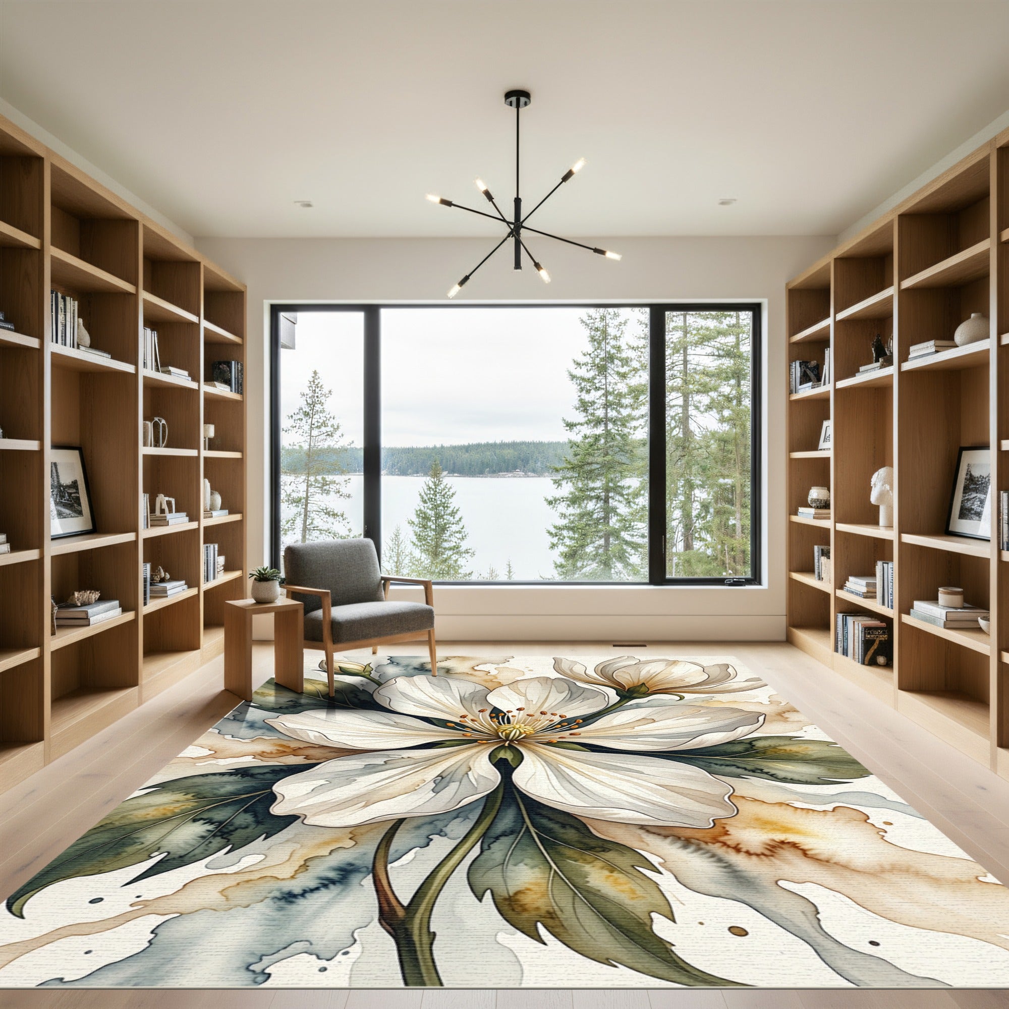 Watercolor White Blossom Floral Botanical Rug