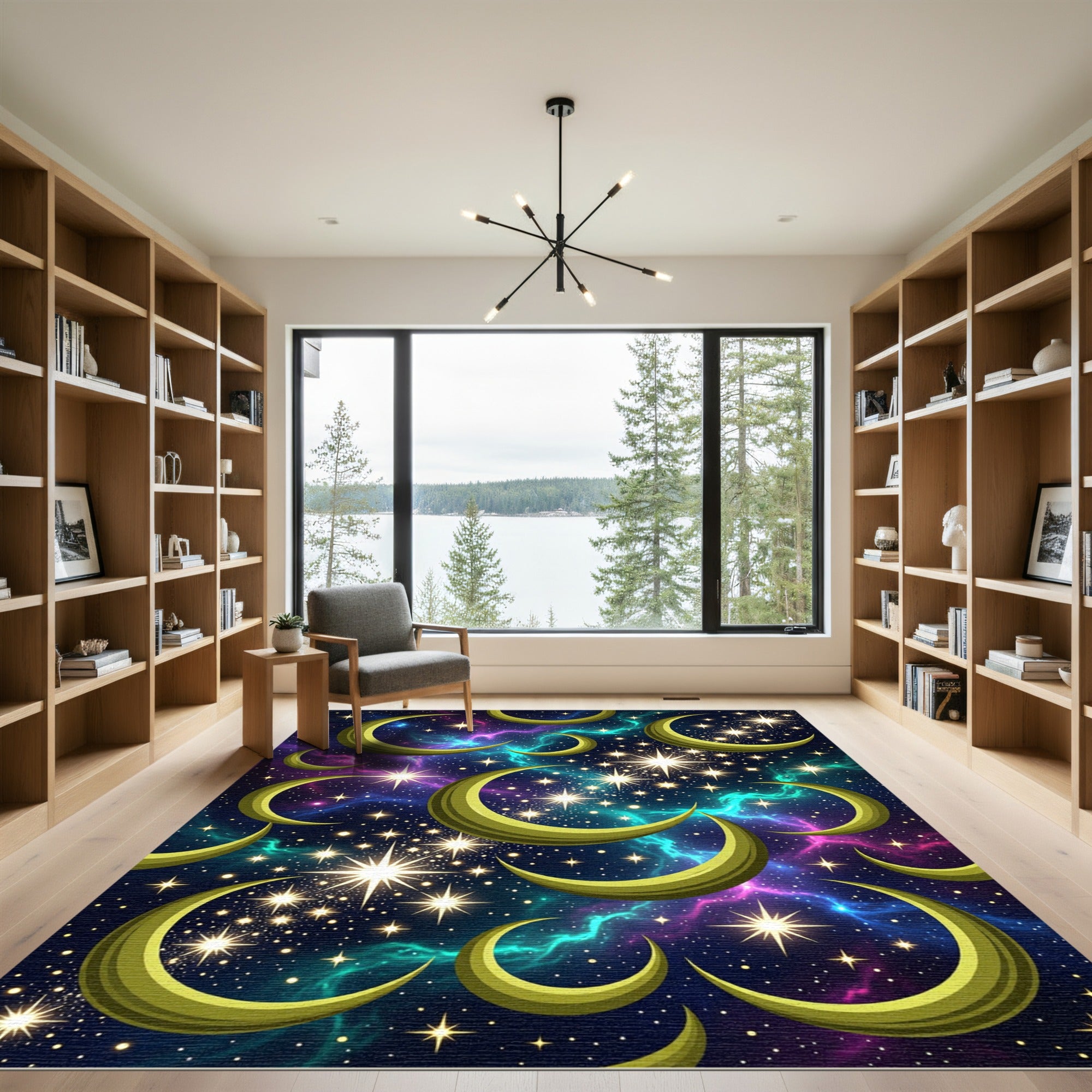 Golden Crescent Moons Starry Galaxy Rug