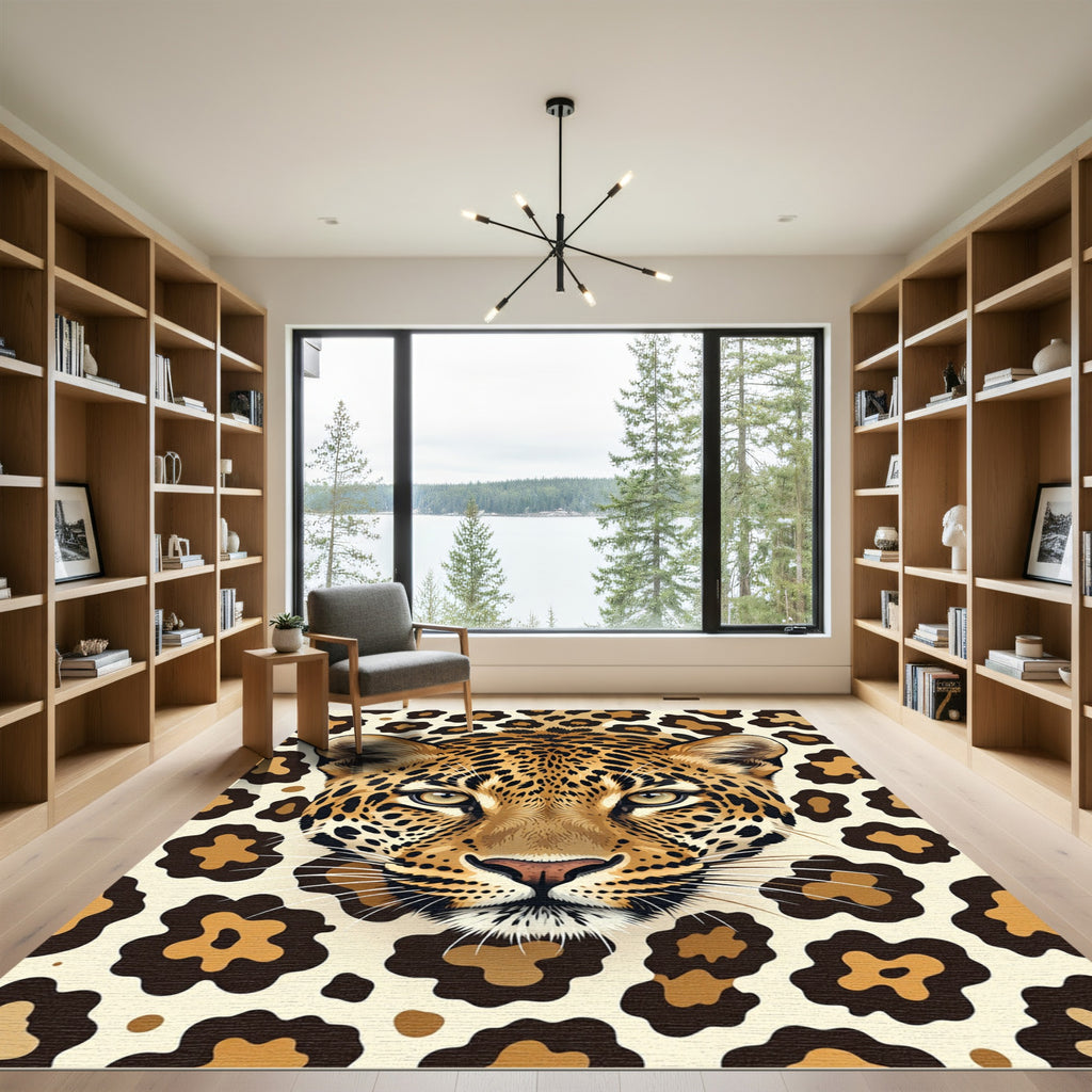 Golden Leopard Face Animal Portrait Rug