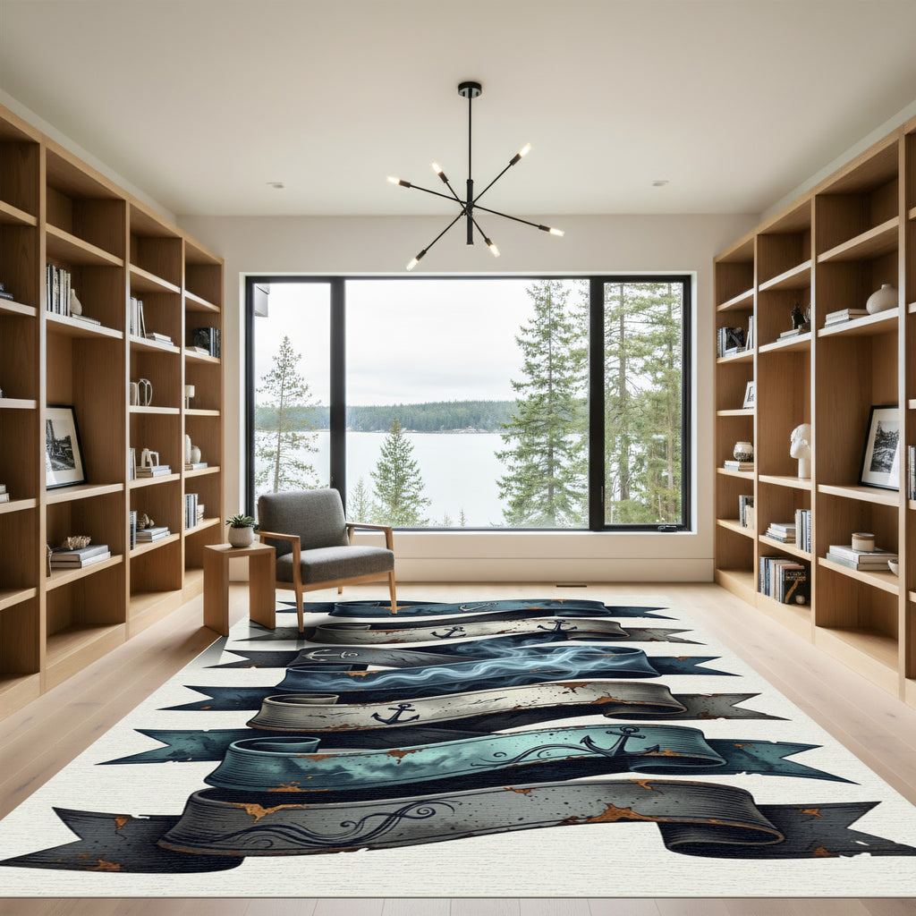 Nautical Anchor Ribbon Coastal Blue Scroll Rug