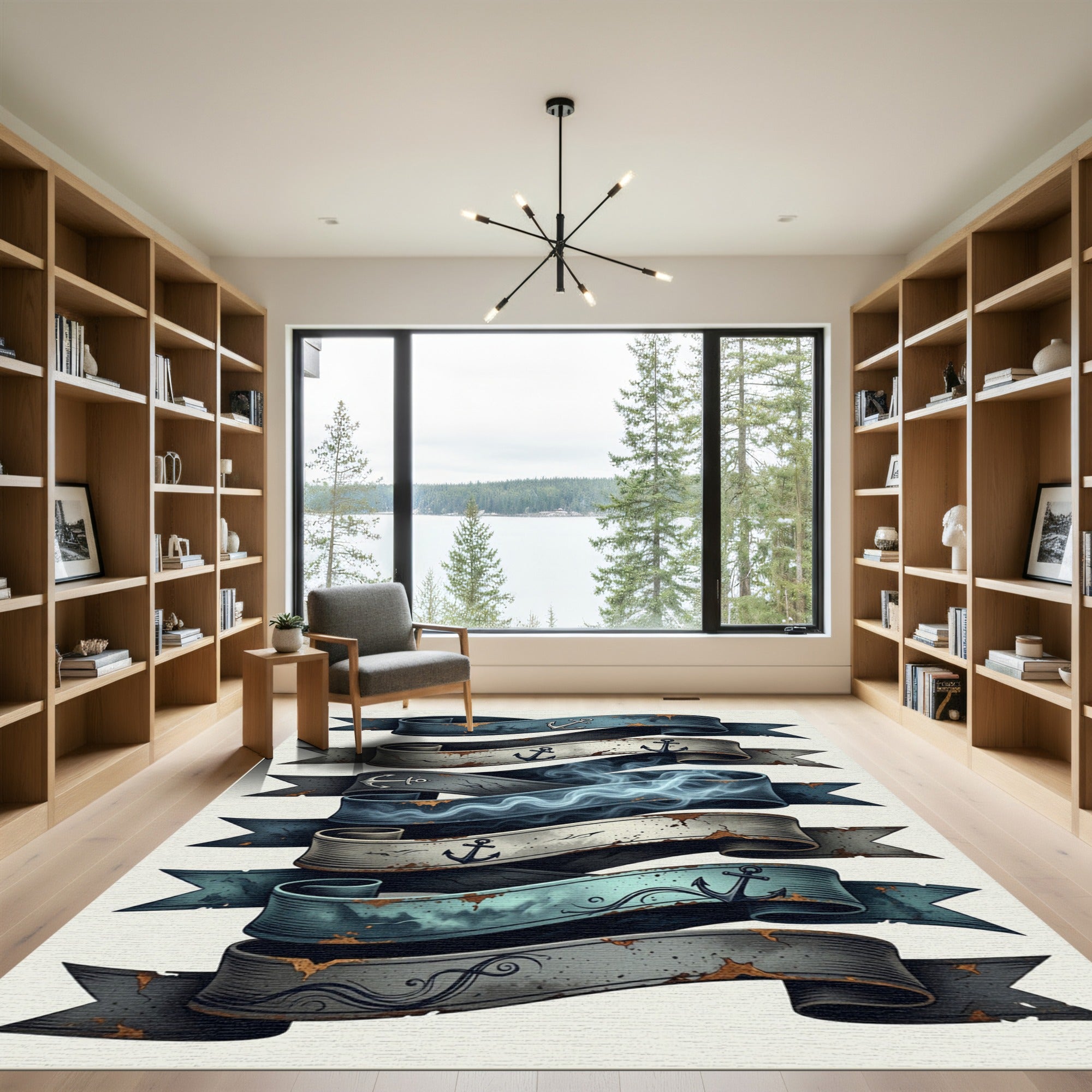 Nautical Anchor Ribbon Coastal Blue Scroll Rug