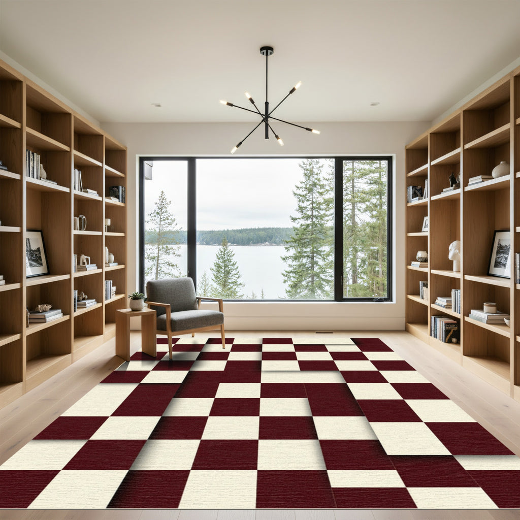 Maroon Cream Illusionary Checkered Rug