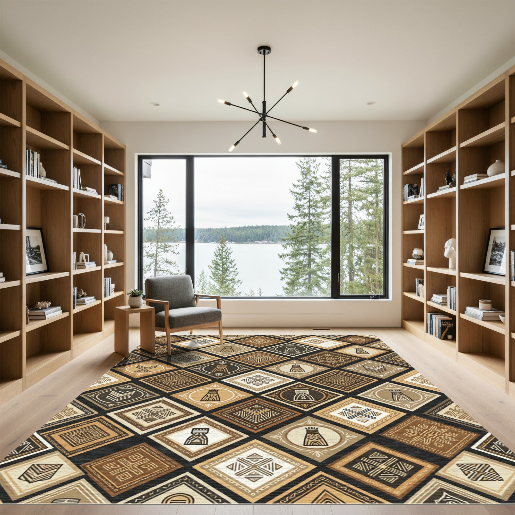 Earthy Neutral Geometric Diamond Grid Rug