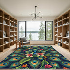 Vibrant Peacock Feathers and Tropical Blooms Rug