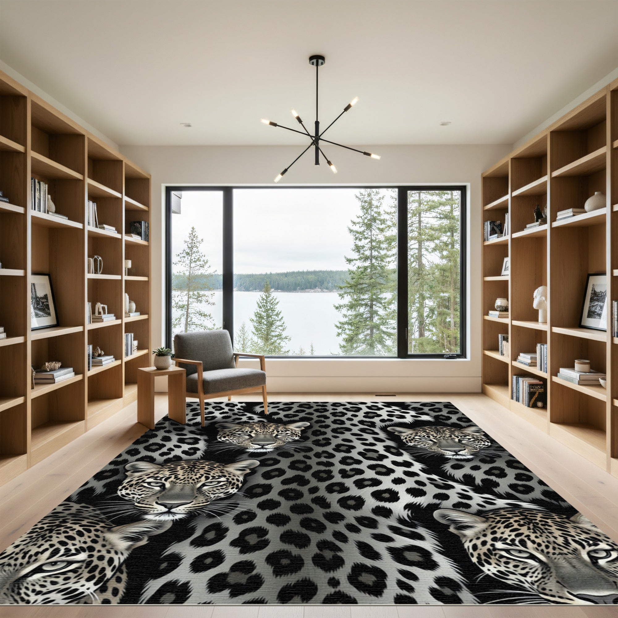 Grayscale Leopard Spots Wildlife Portrait Rug
