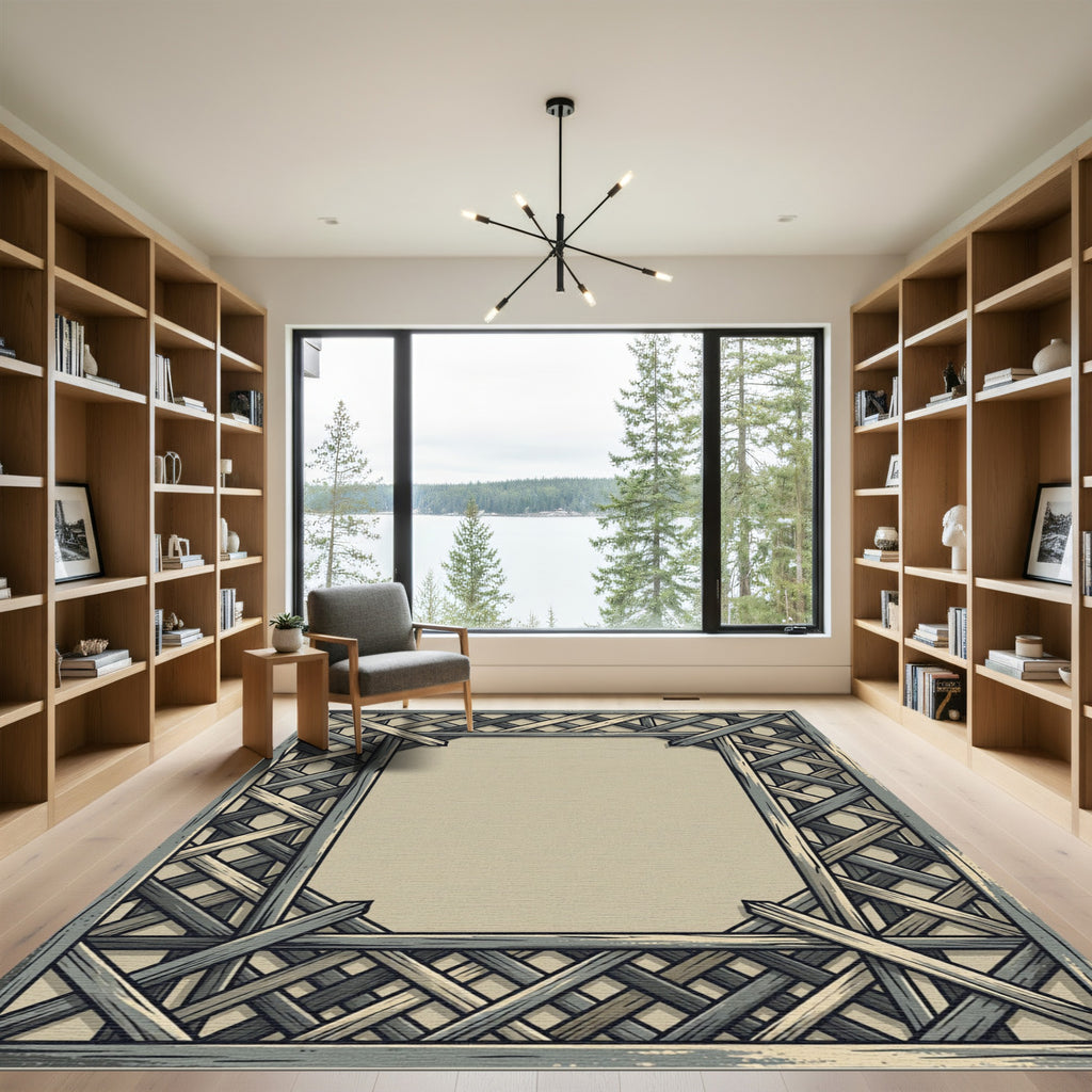 Rustic Gray Wood Lattice Border Rug