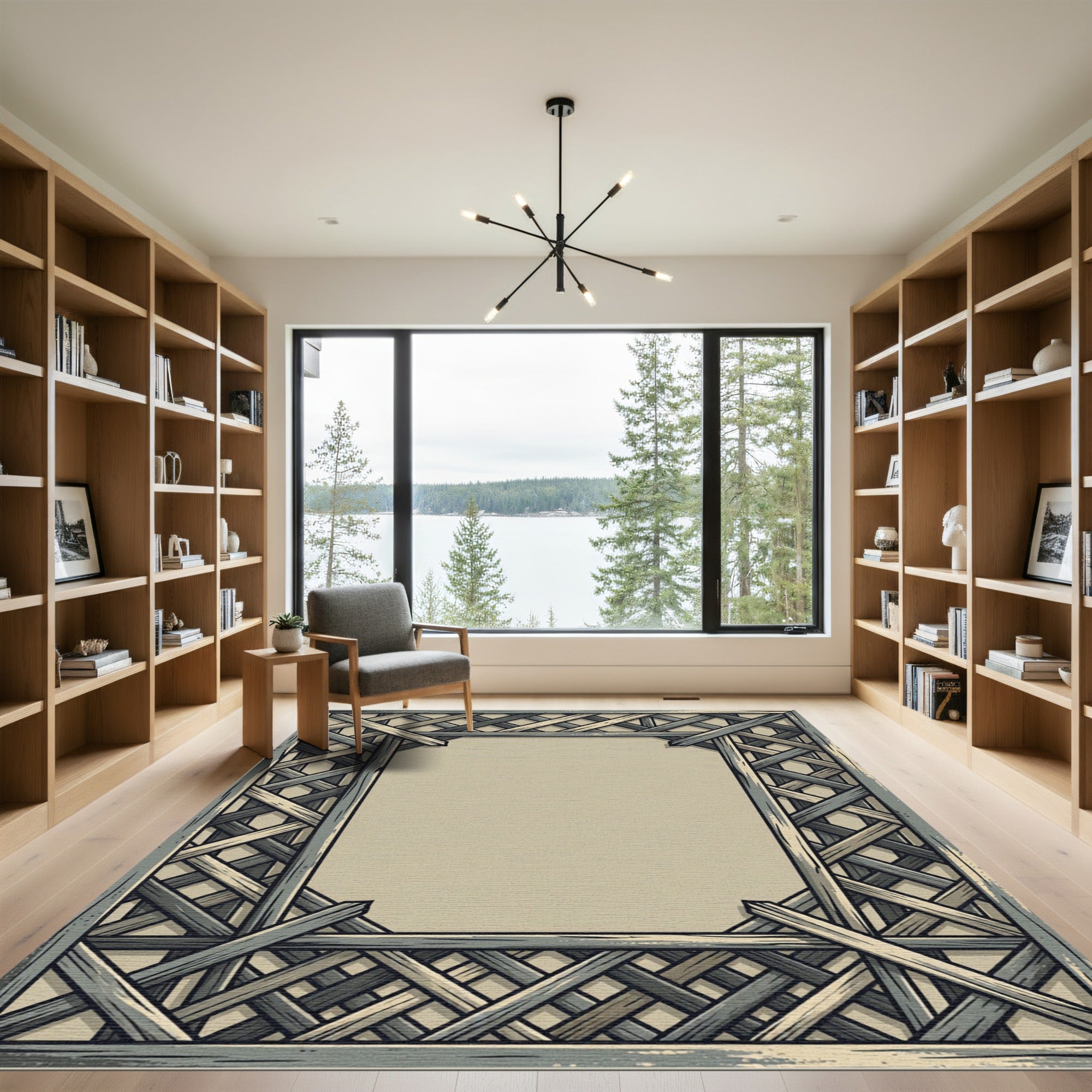 Rustic Gray Wood Lattice Border Rug