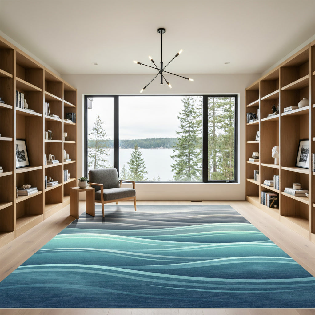 Serene Teal Blue Layered Wave Abstract Rug