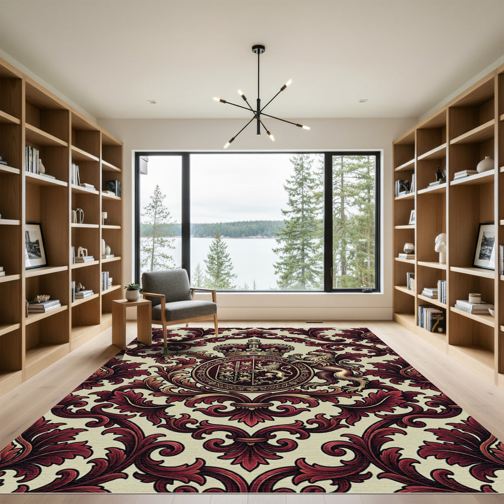 Regal Crimson Lion Damask Medallion Rug