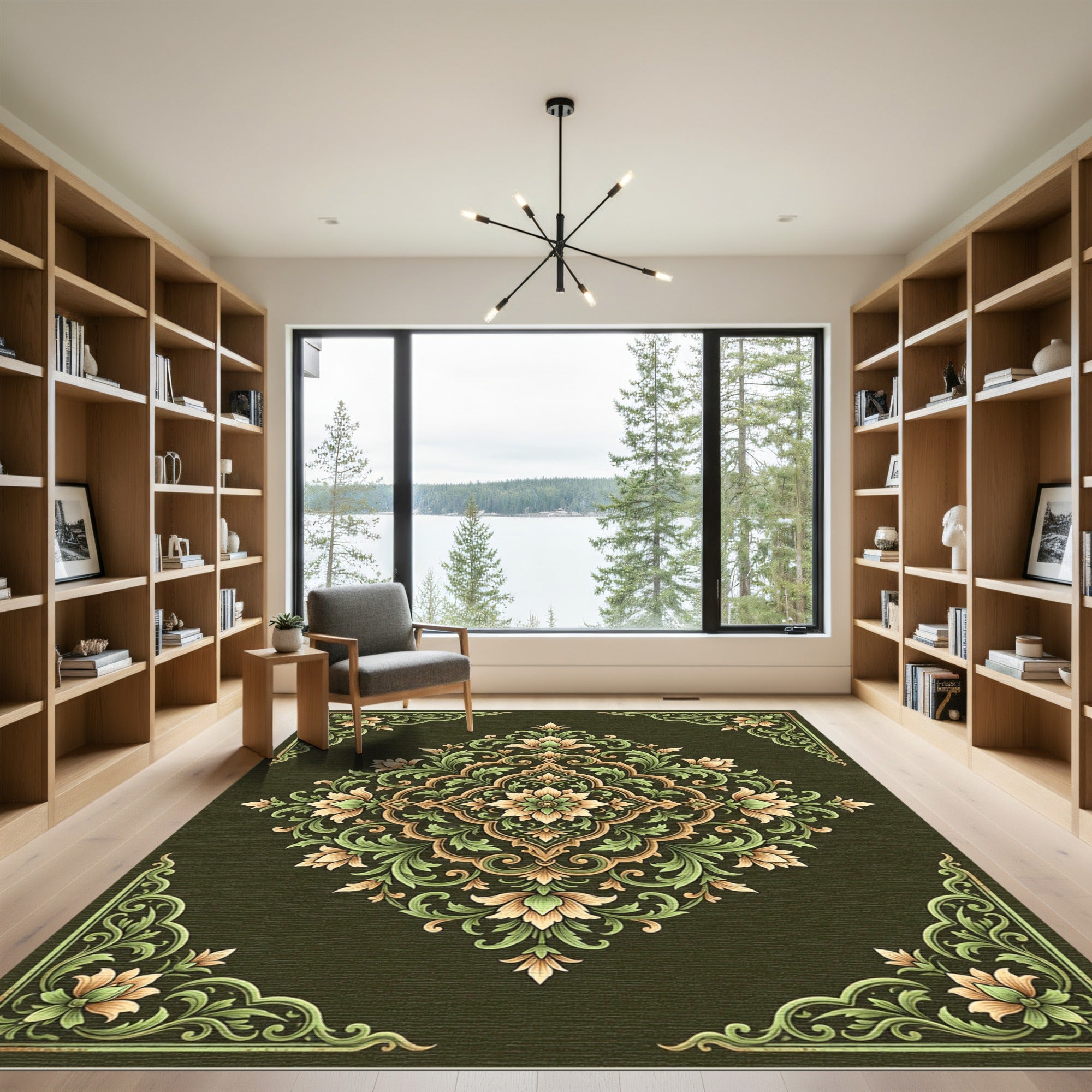 Ornate Green Floral Medallion Rug
