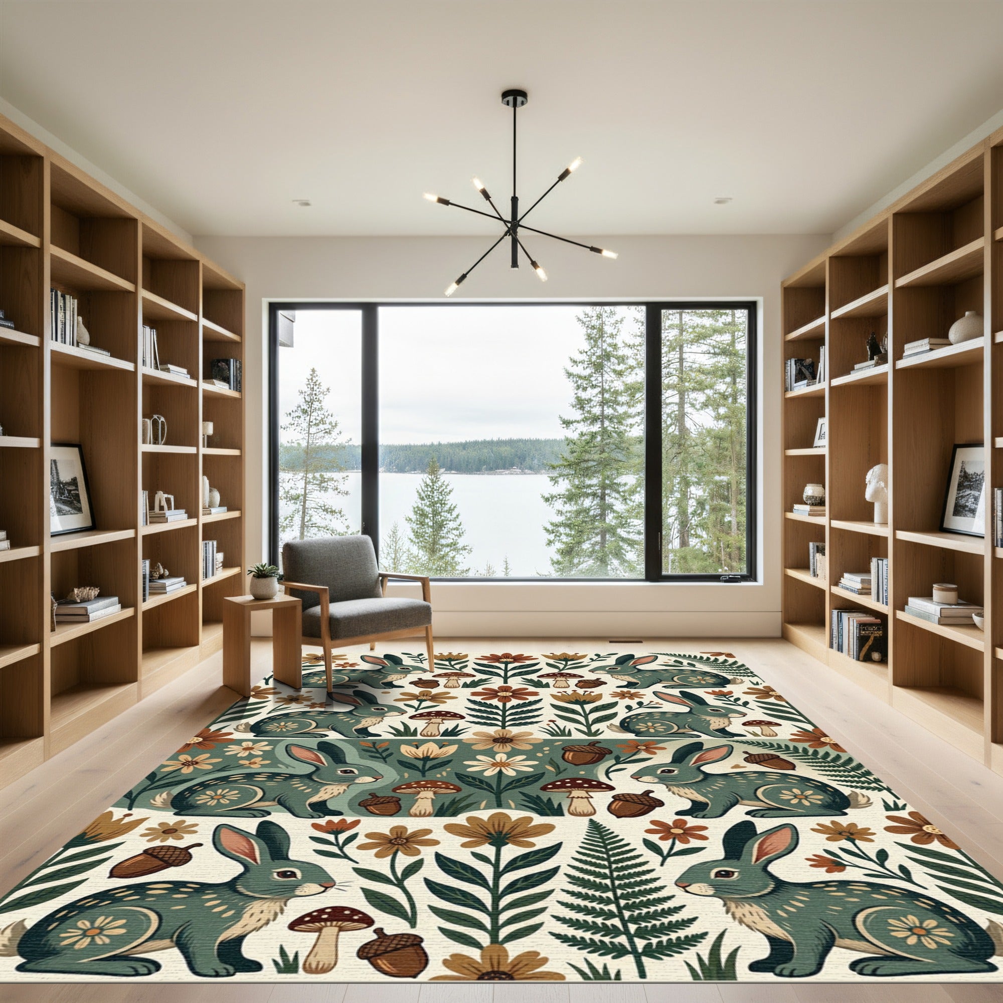 Forest Hare Mushroom Meadow Earthy Folk Rug
