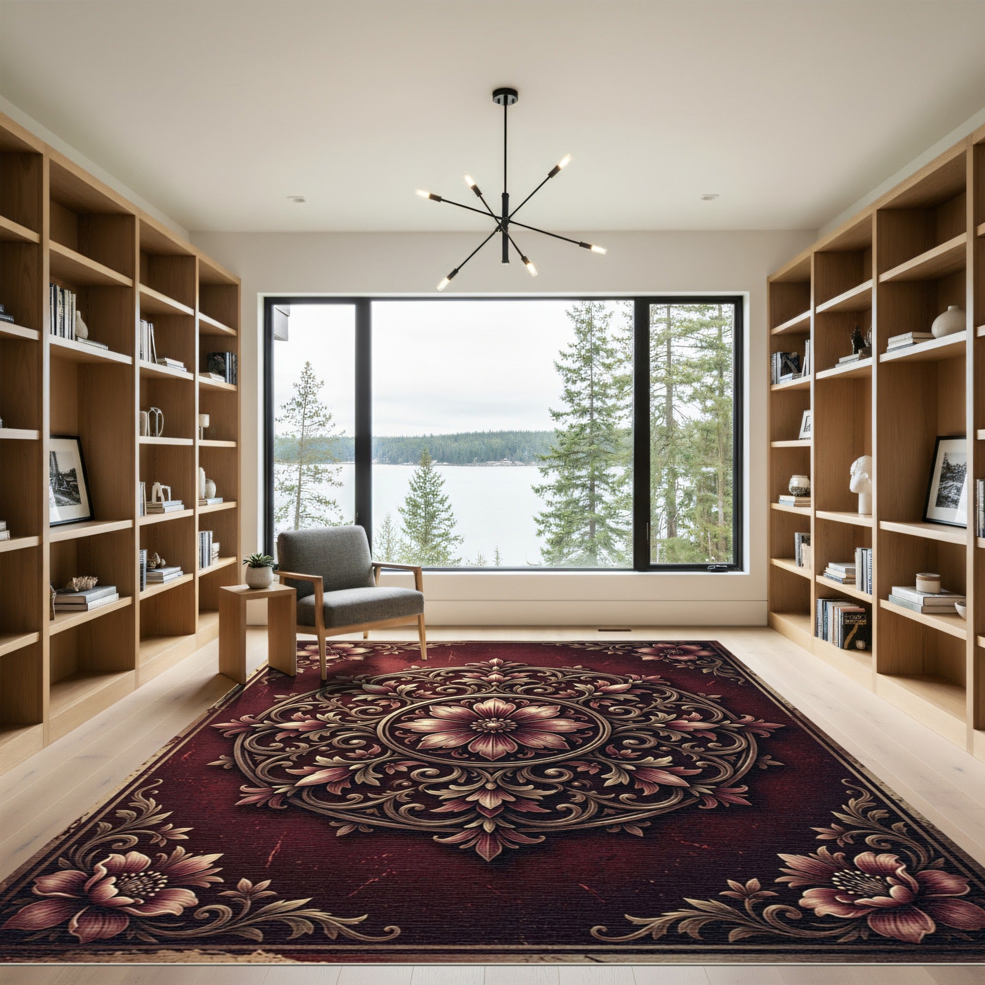 Ornate Crimson Floral Circular Medallion Rug
