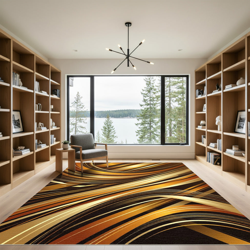 Golden Abstract Sweeping Curvature Waves Rug