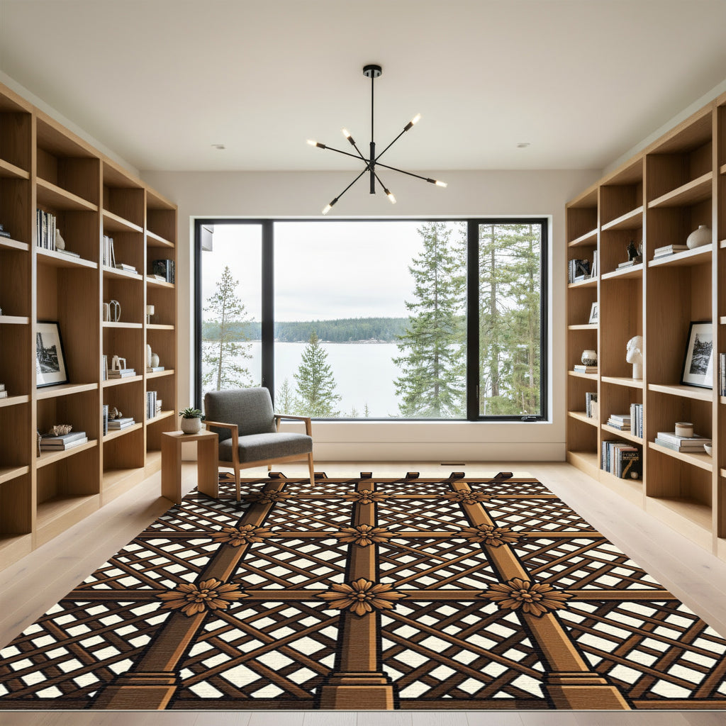 Ornate Brown Lattice Floral Rug