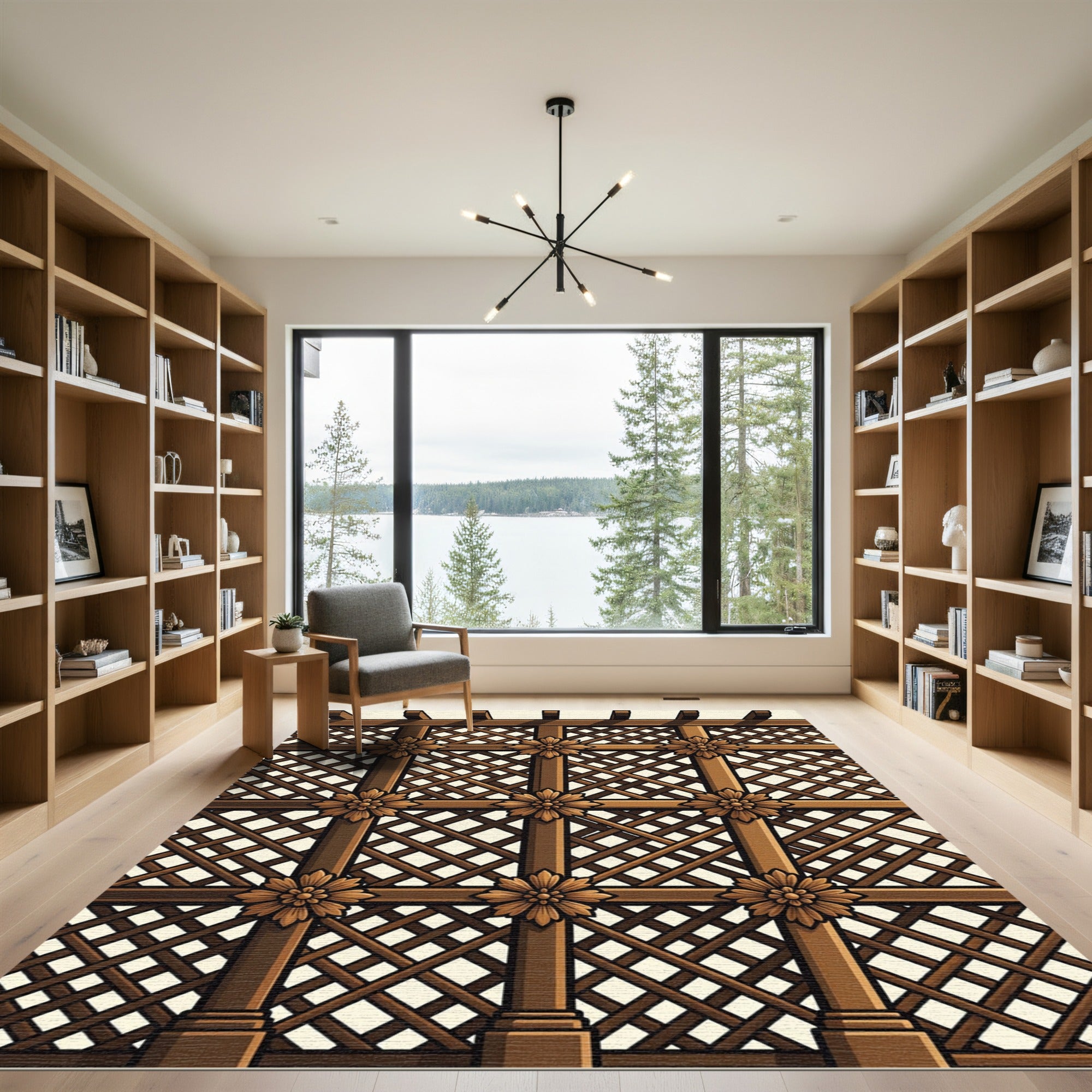 Ornate Brown Lattice Floral Rug