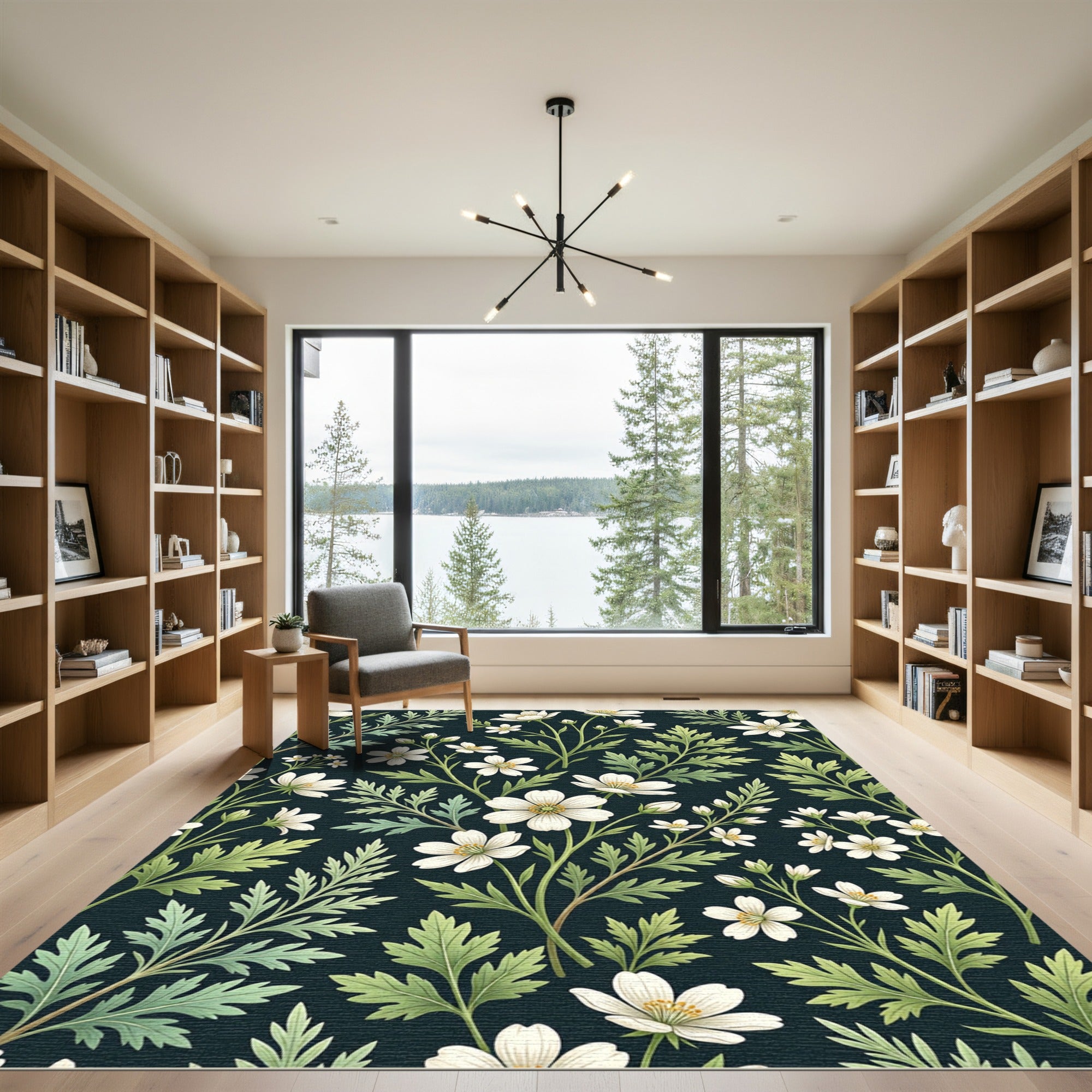 Dark Floral White Blossom Sprigs Rug