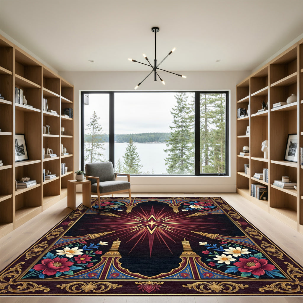 Radiant Deep Crimson Star Floral Ornament Rug