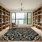 Ornate Gold and Teal Scrollwork Trellis Rug