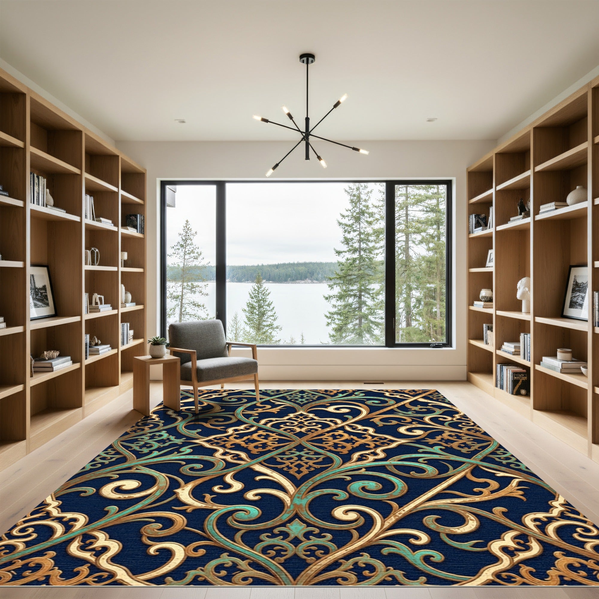 Ornate Gold and Teal Scrollwork Trellis Rug