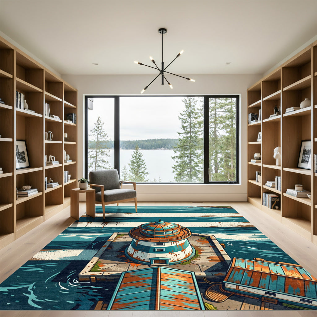 Coastal Lighthouse Nautical Blue Striped Illustration Rug