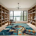 Coastal Lighthouse Nautical Blue Striped Illustration Rug