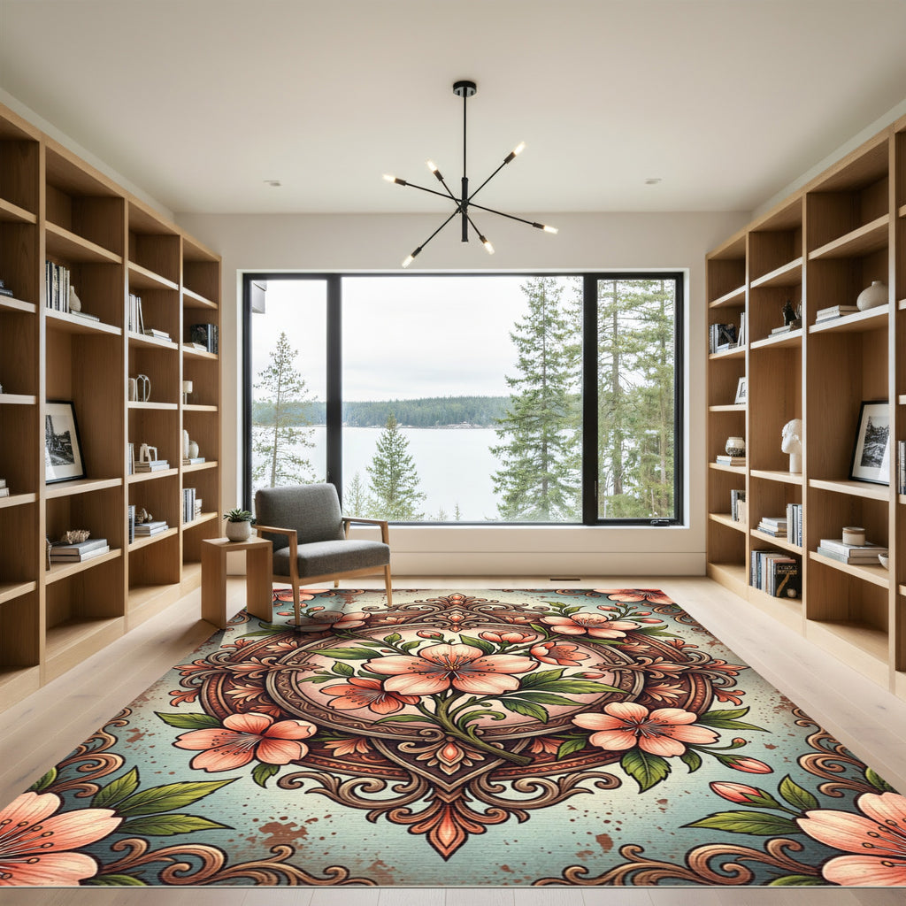 Elegant Peach Blossom Ornate Medallion Rug